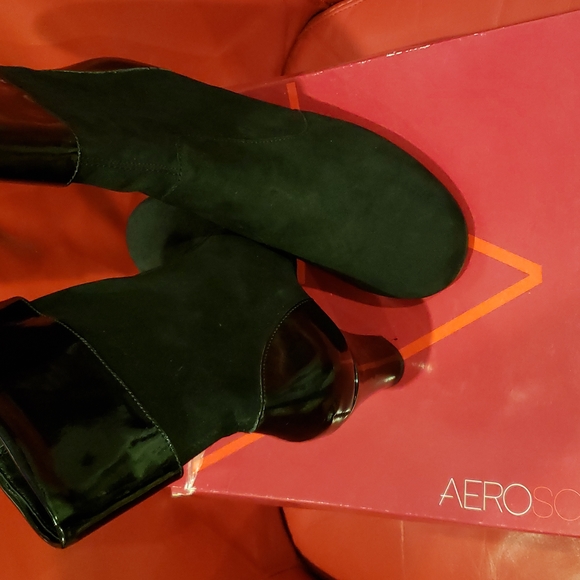 Aerosoles NEW Suede Leather Comfort Heel Boots Booties Patent Contrast BLACK 10M - Picture 4 of 16